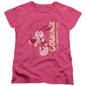 Hot pink women's t-shirt with Courage the Cowardly Dog Running Scared graphic