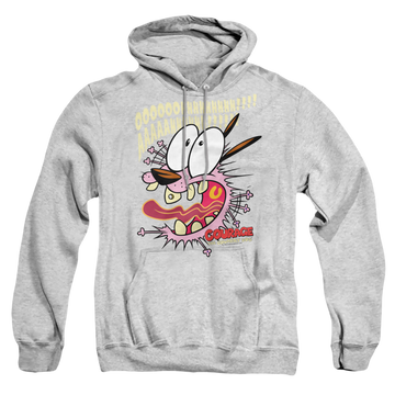 Athletic heather pullover hoodie with Courage the Cowardly Dog Scaredy Dog graphic