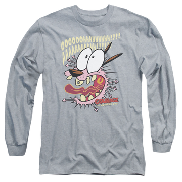 Athletic heather men's long sleeve t-shirt with Courage the Cowardly Dog Scaredy Dog graphic