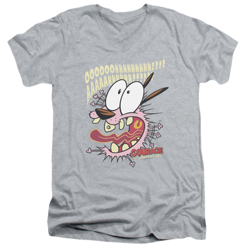 Athletic heather men's v-neck t-shirt with Courage the Cowardly Dog Scaredy Dog graphic
