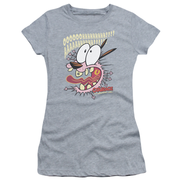 Athletic heather juniors t-shirt with Courage the Cowardly Dog Scaredy Dog graphic