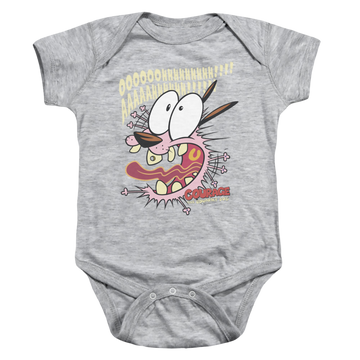 Athletic heather baby bodysuit with Courage the Cowardly Dog Scaredy Dog graphic