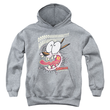 Athletic heather youth hoodie for ages 8 to 12 with Courage the Cowardly Dog Scaredy Dog graphic