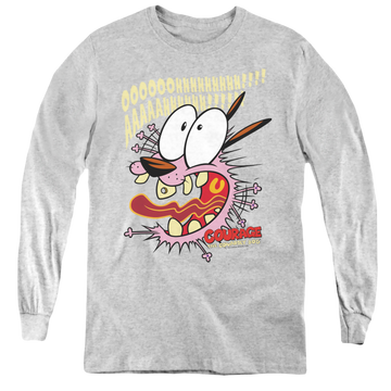 Athletic heather youth long sleeve t-shirt with Courage the Cowardly Dog Scaredy Dog graphic