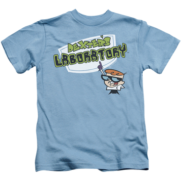 Carolina blue kid's t-shirt for ages 4 to 7 with Dexter's Laboratory Logo graphic