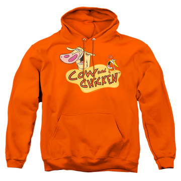 Orange pullover hoodie with Cow and Chicken Logo graphic