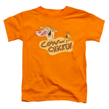 Orange kid's t-shirt for ages 4 to 7 with Cow and Chicken Logo graphic
