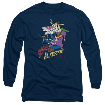 Navy men's long sleeve t-shirt with Cow and Chicken Super Cow graphic