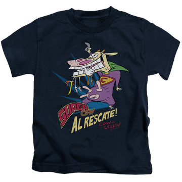 Navy kid's t-shirt for ages 4 to 7 with Cow and Chicken Super Cow graphic