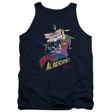 Navy men's tank with Cow and Chicken Super Cow graphic