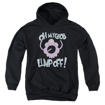 Black youth hoodie for ages 8 to 12 with Adventure Time Lump Off graphic