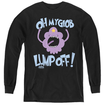 Black youth long sleeve t-shirt with Adventure Time Lump Off graphic