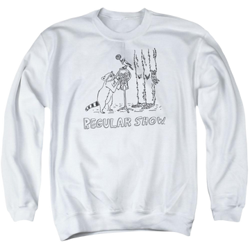 White men's crewneck sweatshirt with Regular Show Tattoo Art graphic