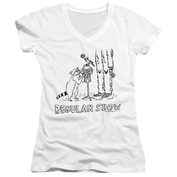 White juniors v-neck t-shirt with Regular Show Tattoo Art graphic
