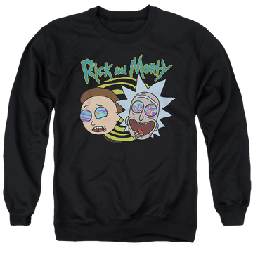 Black men's crewneck sweatshirt with Rick and Morty Blown Minds graphic