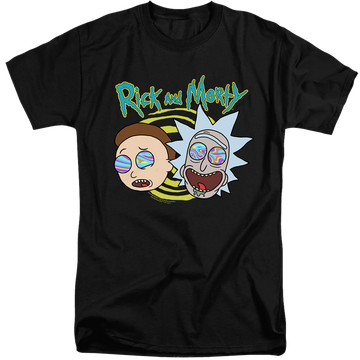 Black men's tall fit t-shirt with Rick and Morty Blown Minds graphic