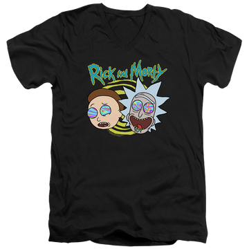Black men's v-neck t-shirt with Rick and Morty Blown Minds graphic