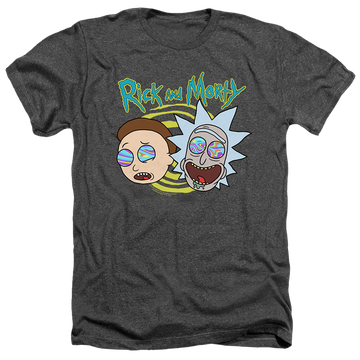 Charcoal men's heather t-shirt with Rick and Morty Blown Minds graphic