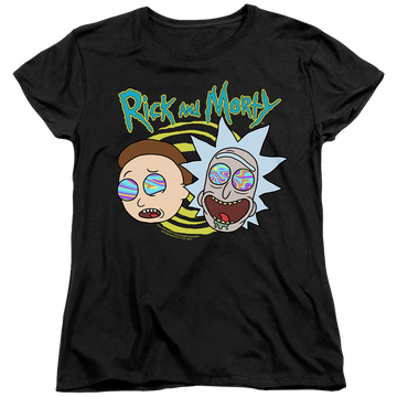 Black women's t-shirt with Rick and Morty Blown Minds graphic