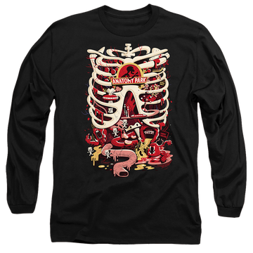 Black men's long sleeve t-shirt with Rick and Morty Anatomy Park Logo graphic