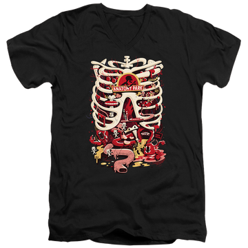 Black men's v-neck t-shirt with Rick and Morty Anatomy Park Logo graphic
