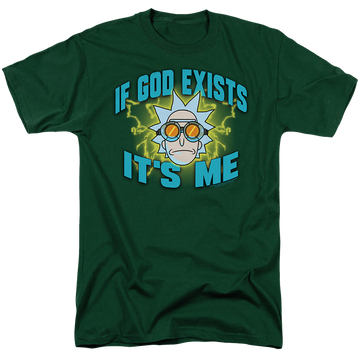 Hunter green men's regular fit t-shirt with Rick and Morty If God Exists graphic