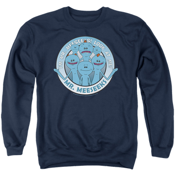 Navy men's crewneck sweatshirt with Rick and Morty Mr Meeseeks graphic