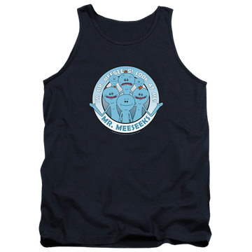 Navy men's tank with Rick and Morty Mr Meeseeks graphic