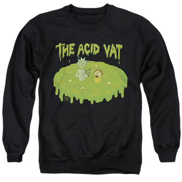 Black men's crewneck sweatshirt with Rick and Morty The Acid Vat graphic