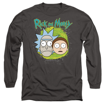 Charcoal men's long sleeve t-shirt with Rick and Morty Floating Heads graphic