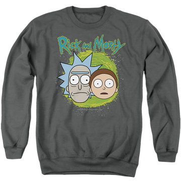 Charcoal men's crewneck sweatshirt with Rick and Morty Floating Heads graphic