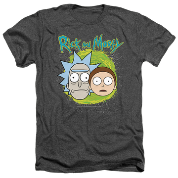 Charcoal men's heather t-shirt with Rick and Morty Floating Heads graphic