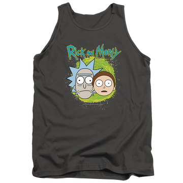 Charcoal men's tank with Rick and Morty Floating Heads graphic