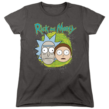 Charcoal women's t-shirt with Rick and Morty Floating Heads graphic
