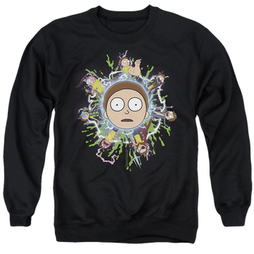 Black men's crewneck sweatshirt with Rick and Morty Multiple Morty graphic