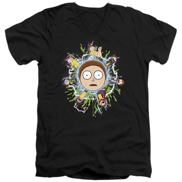 Black men's v-neck t-shirt with Rick and Morty Multiple Morty graphic