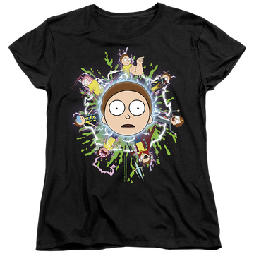 Black women's t-shirt with Rick and Morty Multiple Morty graphic