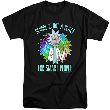 Black men's tall fit t-shirt with Rick and Morty School graphic