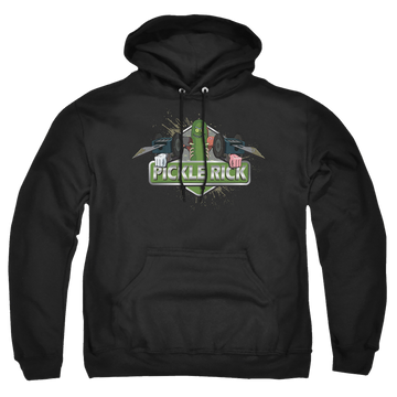 Black pullover hoodie with Rick and Morty Pickle Rick graphic