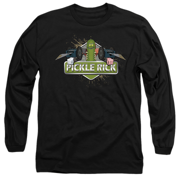 Black men's long sleeve t-shirt with Rick and Morty Pickle Rick graphic