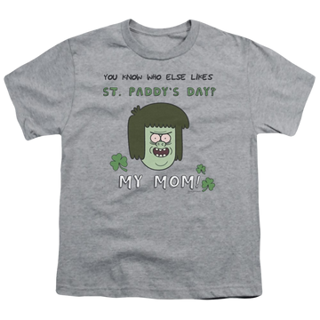 Athletic heather youth t-shirt for ages 8 to 12 with The Regular Show My Mom graphic