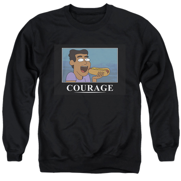 Black men's crewneck sweatshirt with Rick and Morty Courage Poster graphic