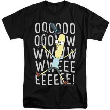 Black men's tall fit t-shirt with Rick and Morty Oowweeeee graphic
