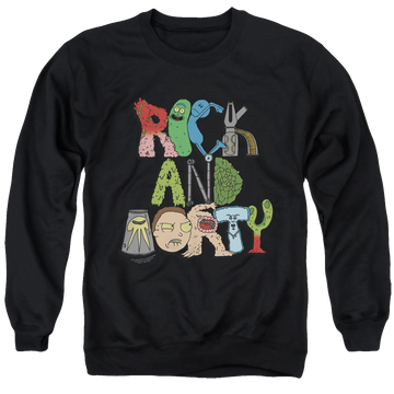 Black men's crewneck sweatshirt with Rick and Morty Illustrated Logo graphic