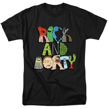 Black men's regular fit t-shirt with Rick and Morty Illustrated Logo graphic