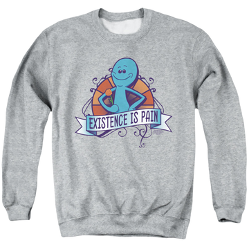 Athletic heather men's crewneck sweatshirt with Rick and Morty Existence Is Pain graphic