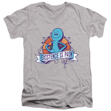 Athletic heather men's v-neck t-shirt with Rick and Morty Existence Is Pain graphic