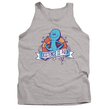 Athletic heather men's tank with Rick and Morty Existence Is Pain graphic