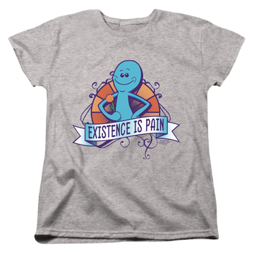Athletic heather women's t-shirt with Rick and Morty Existence Is Pain graphic