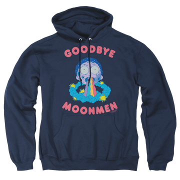 Navy pullover hoodie with Rick and Morty Goodbye Moonmen graphic